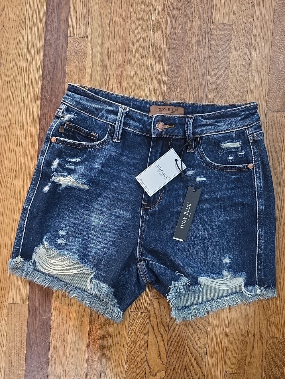 Judy Blue Indigo Distressed Frayed Hem Denim Shorts Women's Size M